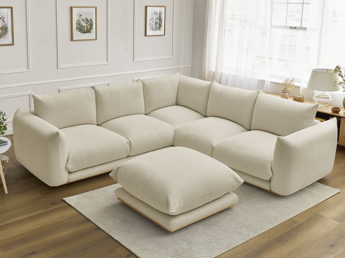 Canapé d'angle fixe ERNEST tissu bouclette avec pouf