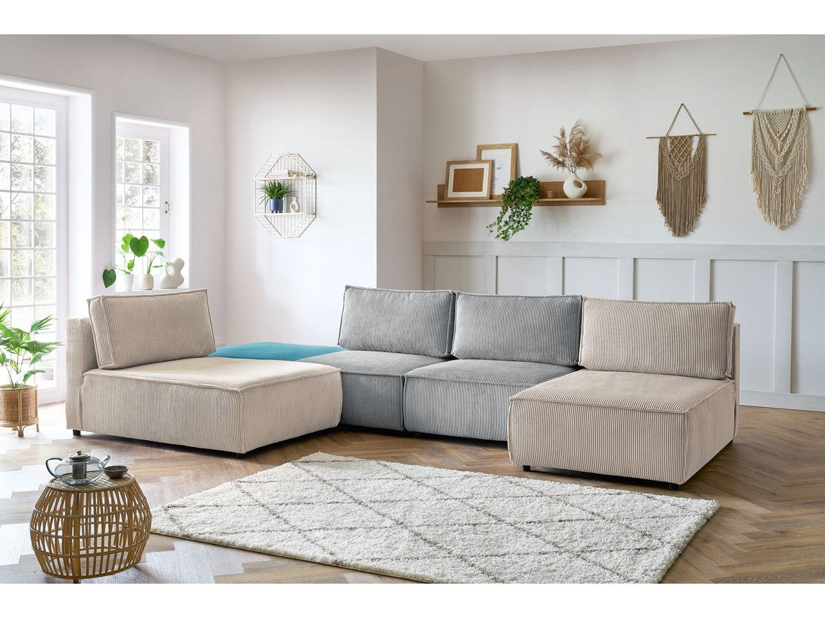 Canapé d'angle fixe 100% modulable NIHAD tissu velours côtelé 2 chauffeuses, 1 pouf et 2 méridiennes