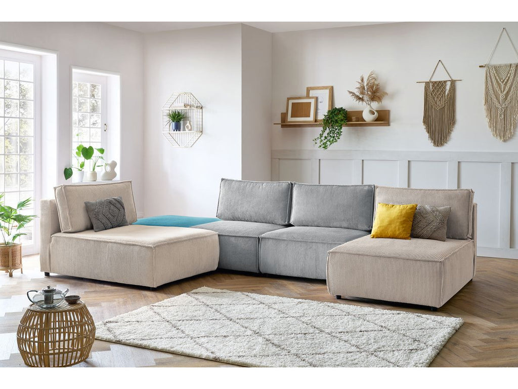 Canapé d'angle fixe 100% modulable NIHAD tissu velours côtelé 2 chauffeuses, 1 pouf et 2 méridiennes