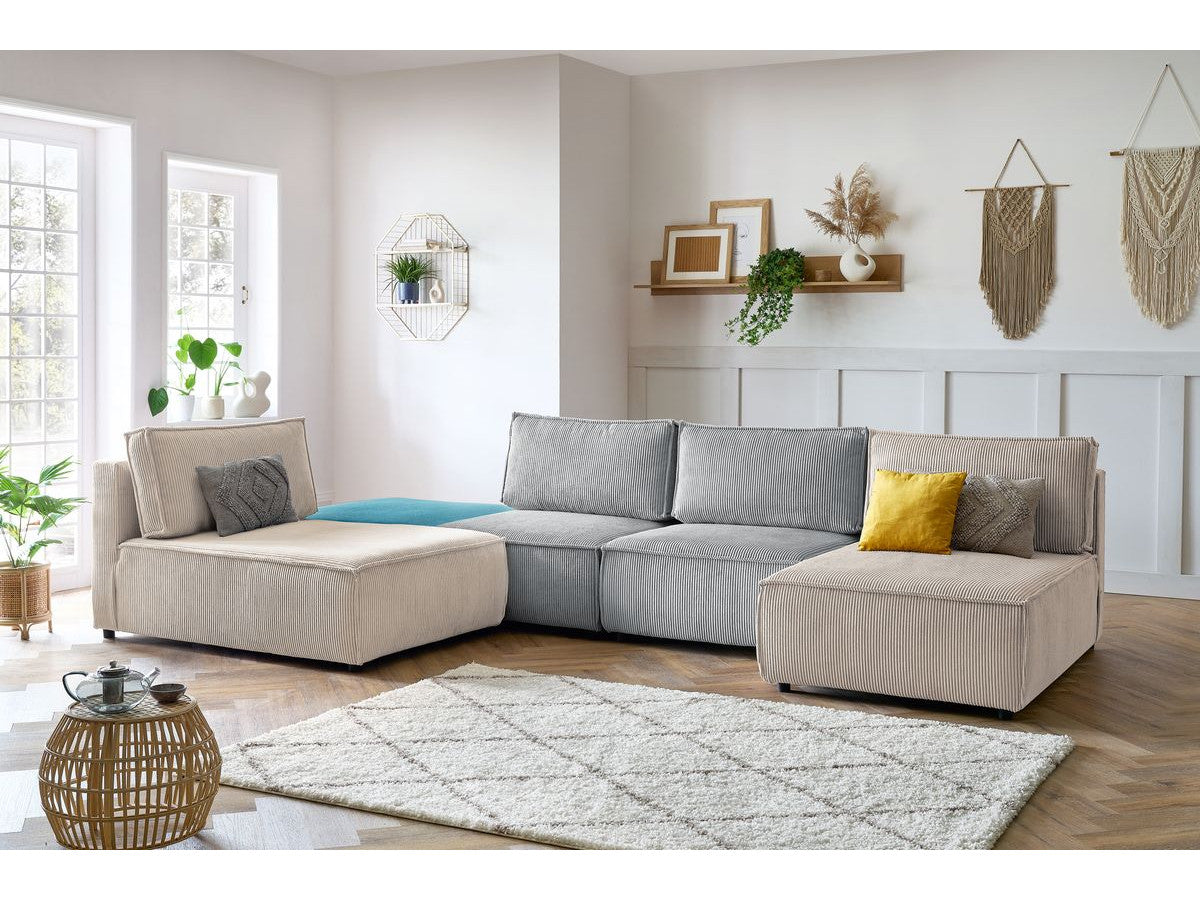 Canapé d'angle fixe 100% modulable NIHAD tissu velours côtelé 2 chauffeuses, 1 pouf et 2 méridiennes