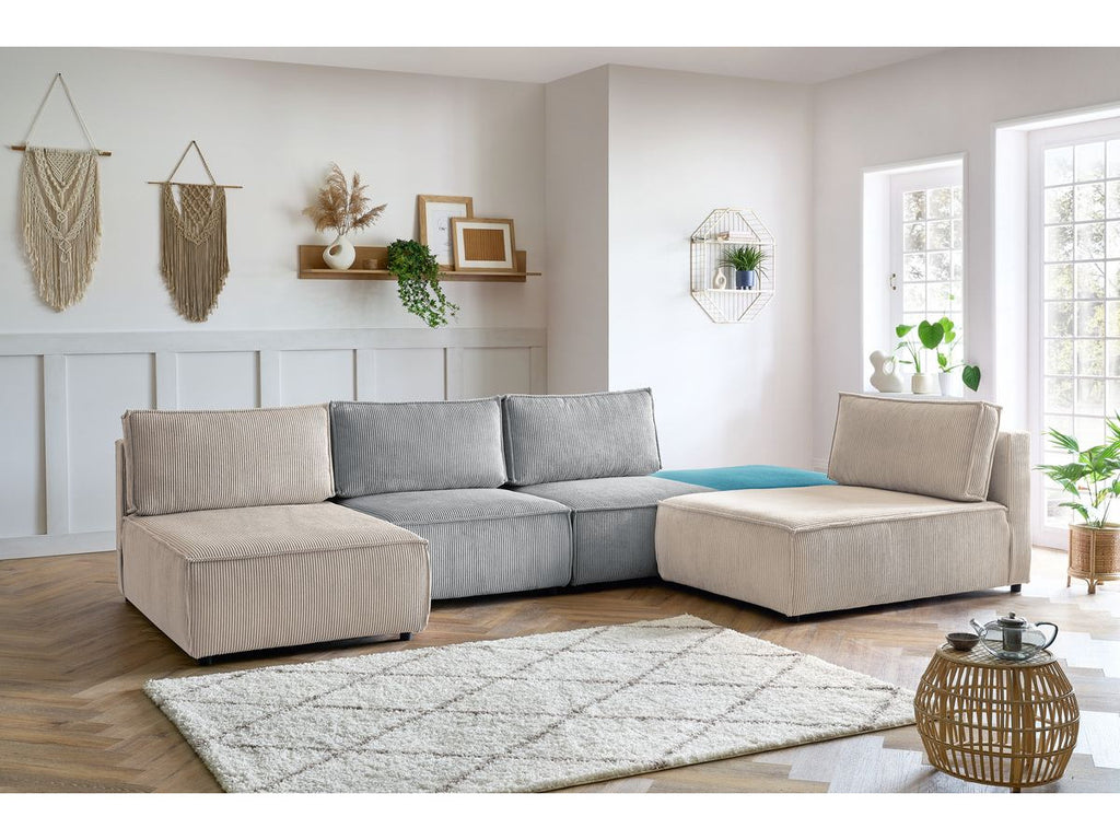 Canapé d'angle fixe 100% modulable NIHAD tissu velours côtelé 2 chauffeuses, 1 pouf et 2 méridiennes