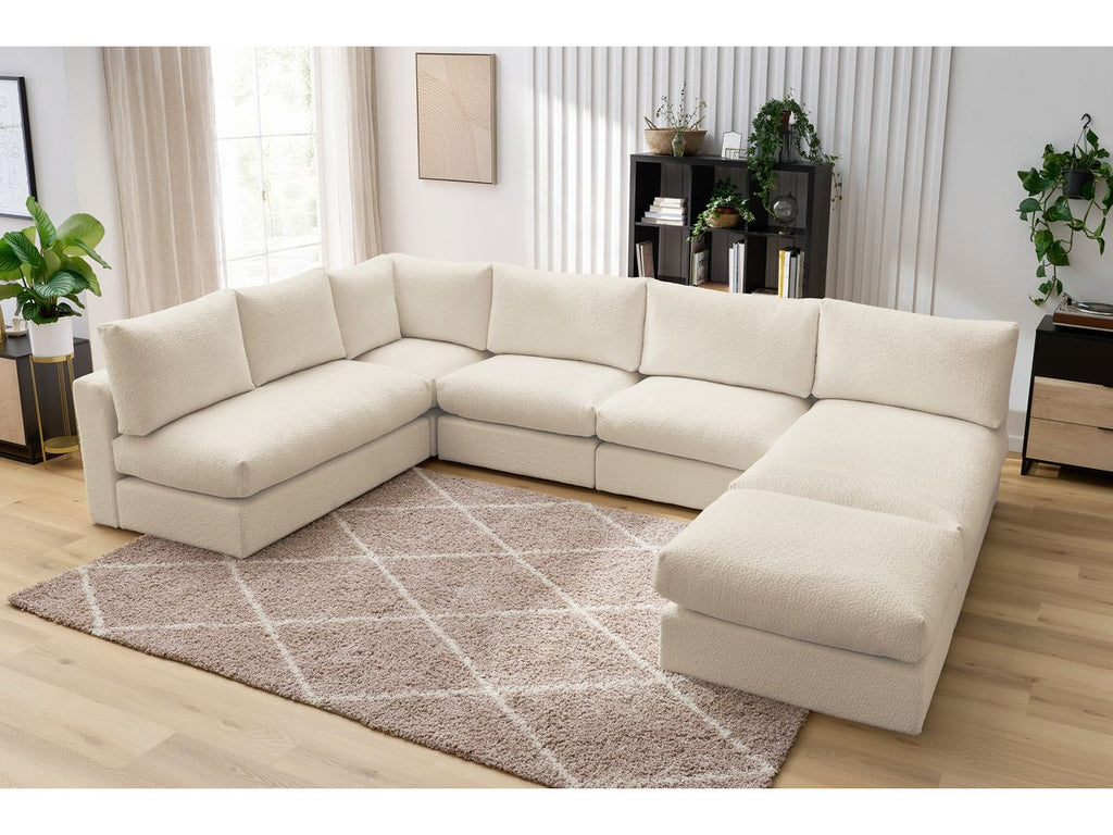 Canapé d'angle fixe 100% modulable PARIS tissu bouclette 3 chauffeuses, 1 méridienne, 1 angle, 1 pouf