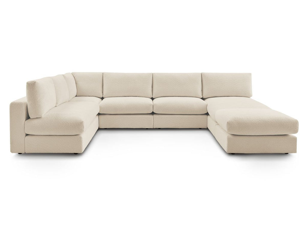 Canapé d'angle fixe 100% modulable PARIS tissu bouclette 3 chauffeuses, 1 méridienne, 1 angle, 1 pouf