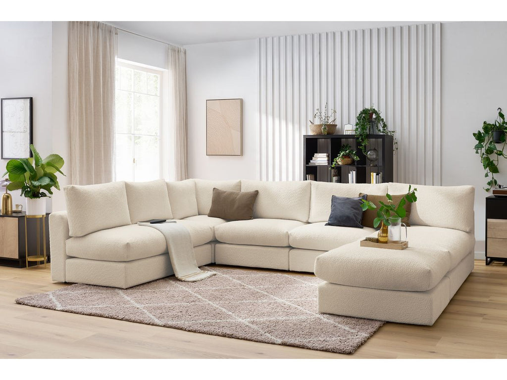 Canapé d'angle fixe 100% modulable PARIS tissu bouclette 3 chauffeuses, 1 méridienne, 1 angle, 1 pouf