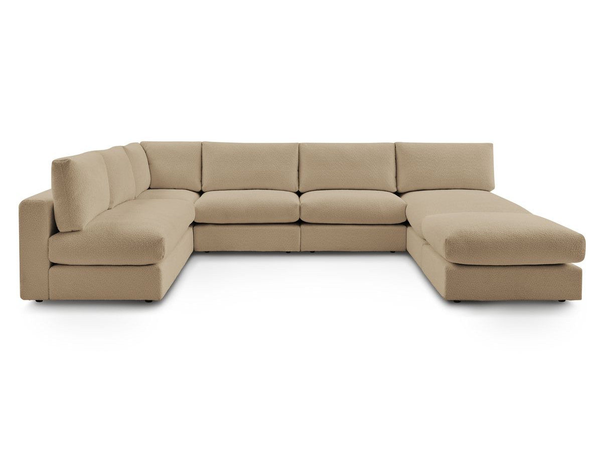 Canapé d'angle fixe 100% modulable PARIS tissu bouclette 3 chauffeuses, 1 méridienne, 1 angle, 1 pouf