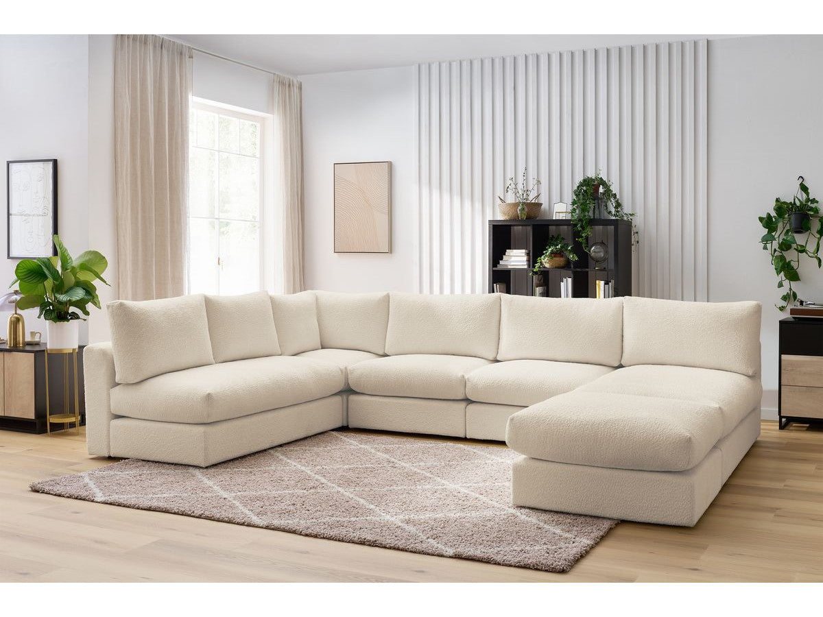 Canapé d'angle fixe 100% modulable PARIS tissu bouclette 3 chauffeuses, 1 méridienne, 1 angle, 1 pouf