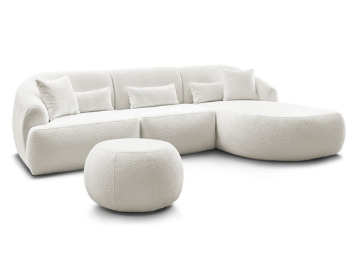 Canapé d'angle fixe ALESIA tissu bouclette avec pouf