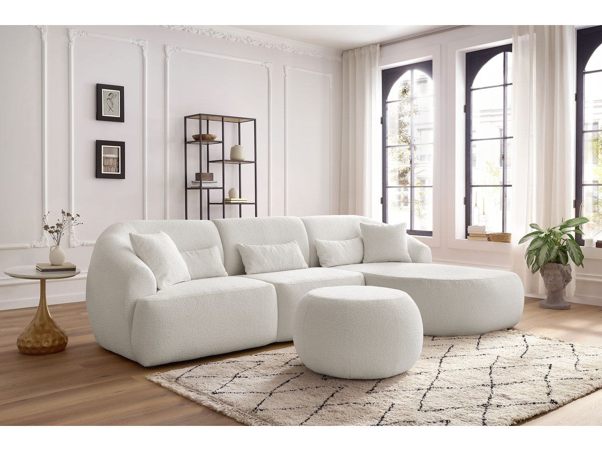 Canapé d'angle fixe ALESIA tissu bouclette avec pouf
