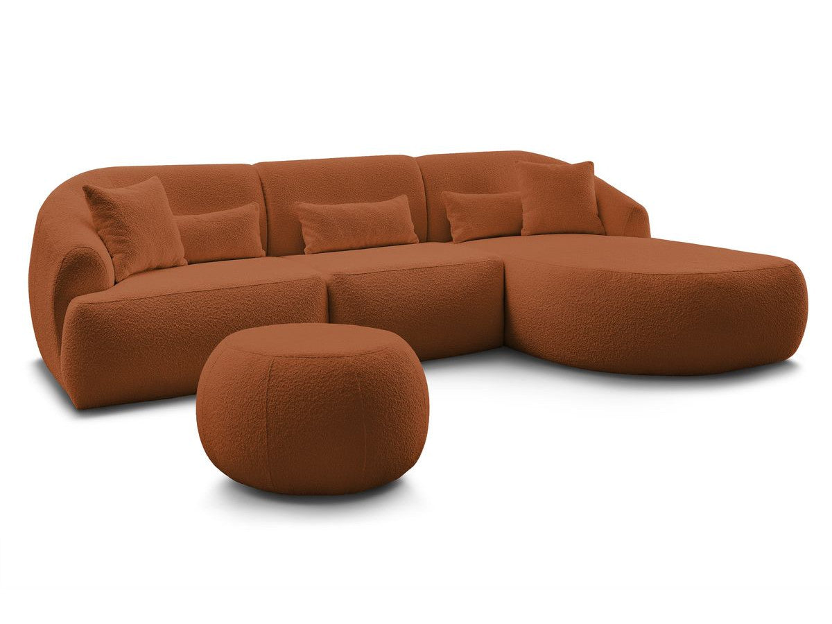 Canapé d'angle fixe ALESIA tissu bouclette avec pouf