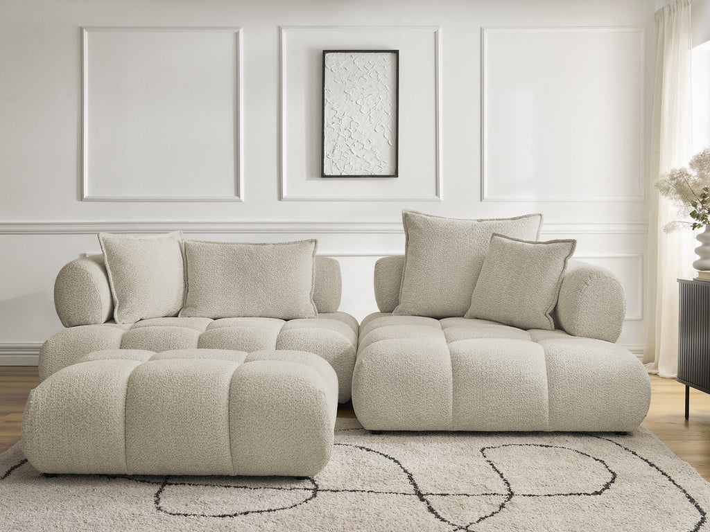 Canapé d'angle fixe ALYA tissu bouclette avec pouf