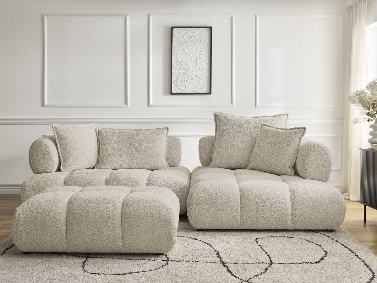 Canapé d'angle fixe ALYA tissu bouclette avec pouf