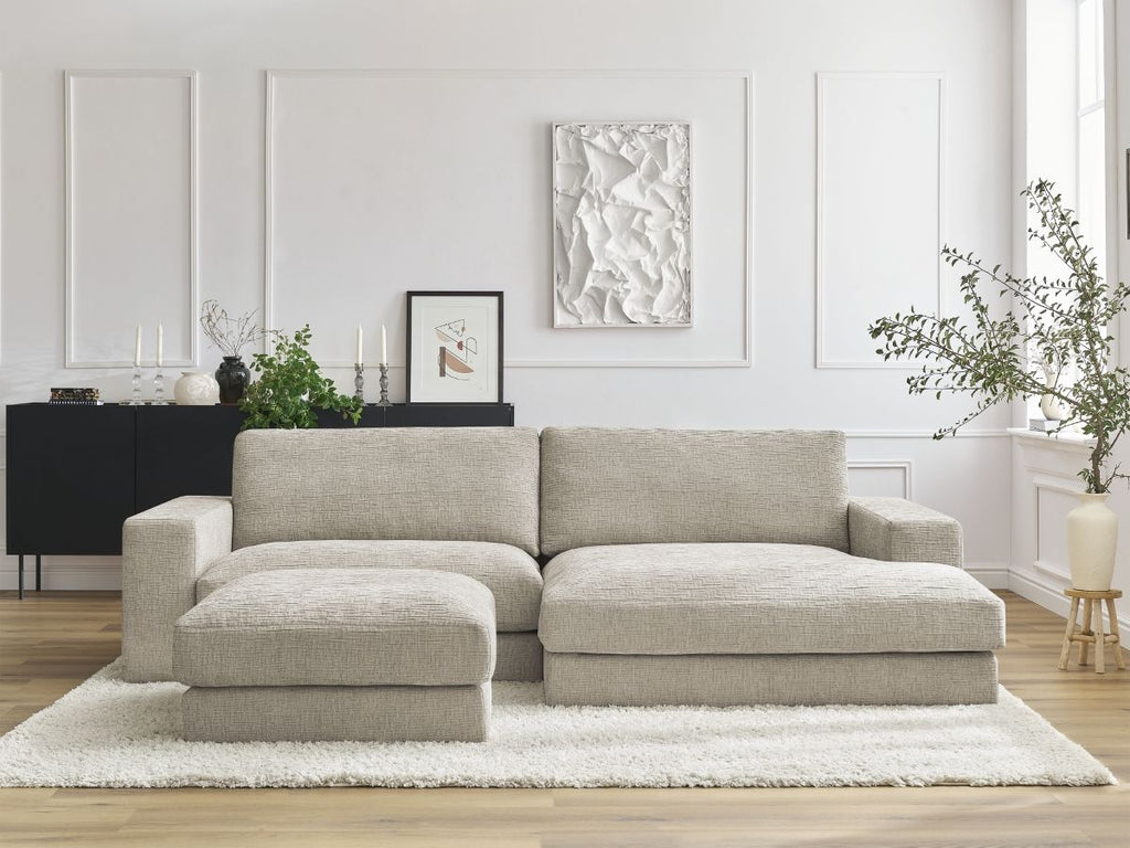 Canapé d'angle fixe compact LEONARD tissu texturé avec pouf