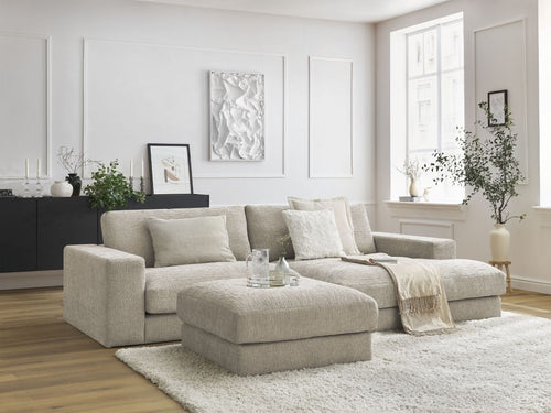 Canapé d'angle fixe compact LEONARD tissu texturé avec pouf