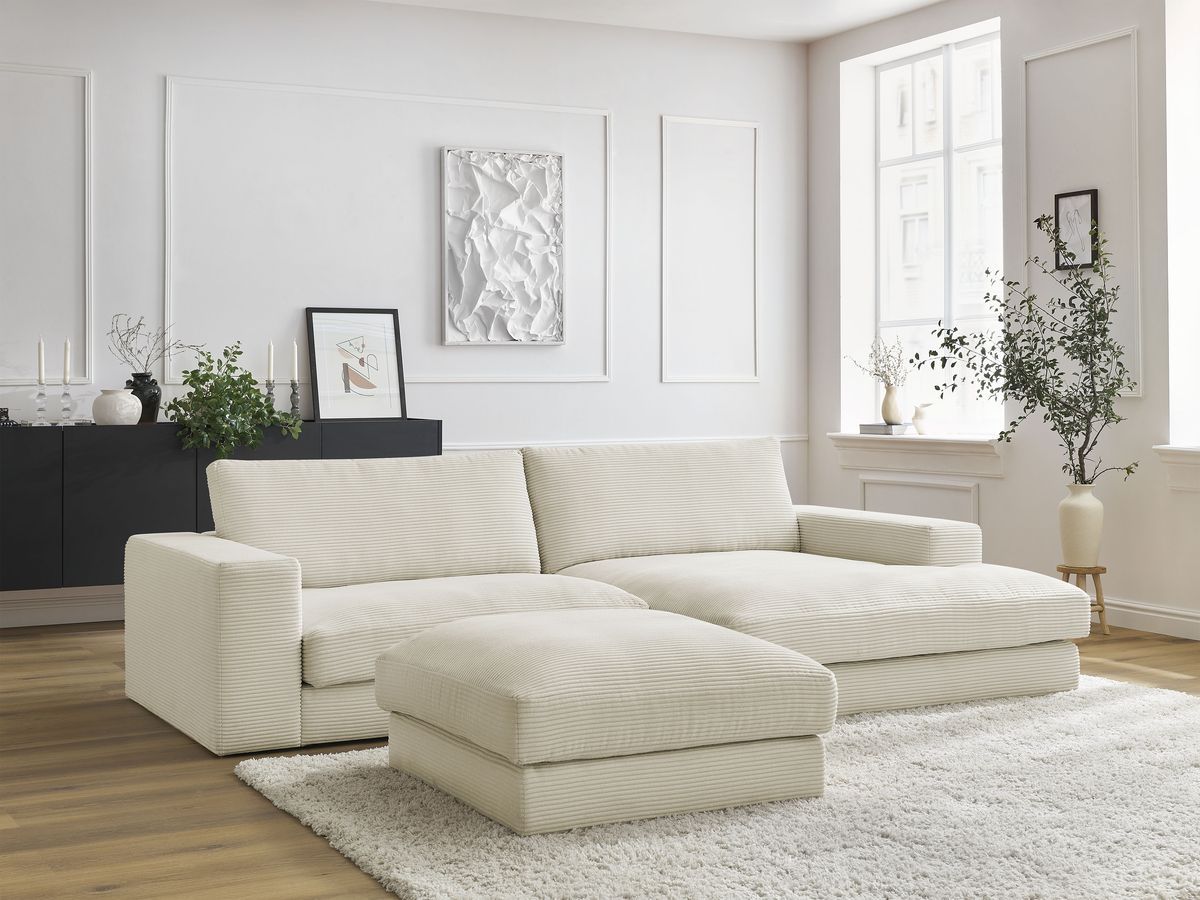 Canapé d'angle fixe compact LEONARD velours côtelé avec pouf