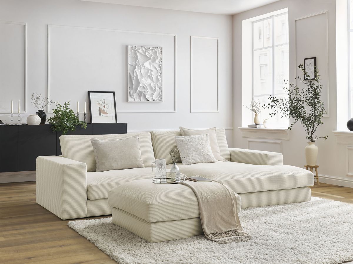 Canapé d'angle fixe compact LEONARD velours côtelé avec pouf