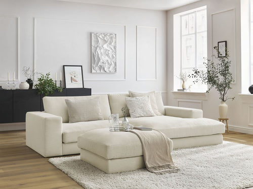 Canapé d'angle fixe compact LEONARD velours côtelé avec pouf