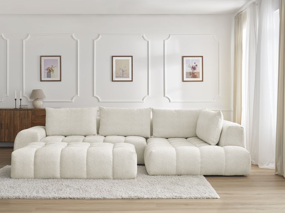 Canapé d'angle fixe EVEREST tissu chiné avec pouf