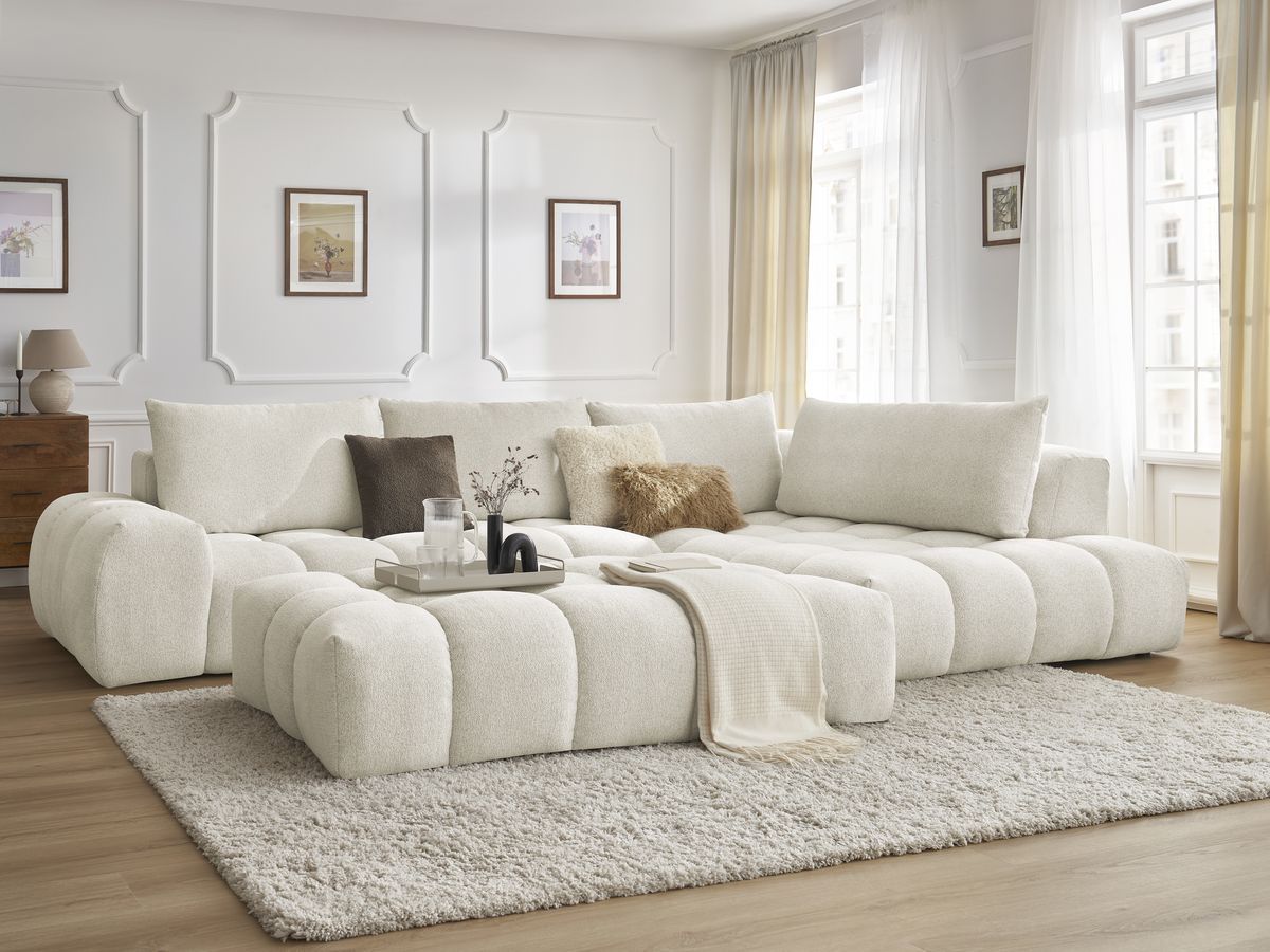Canapé d'angle fixe EVEREST tissu chiné avec pouf