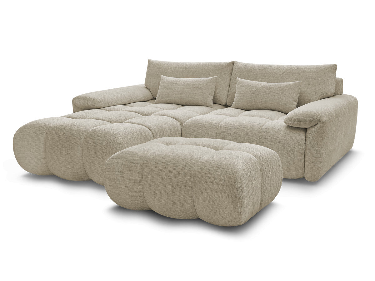 Canapé d'angle fixe IVANE avec dossier avance-recule en tissu texturé et son pouf