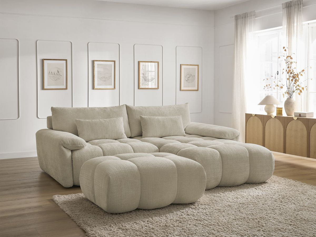 Canapé d'angle fixe IVANE avec dossier avance-recule en tissu texturé et son pouf