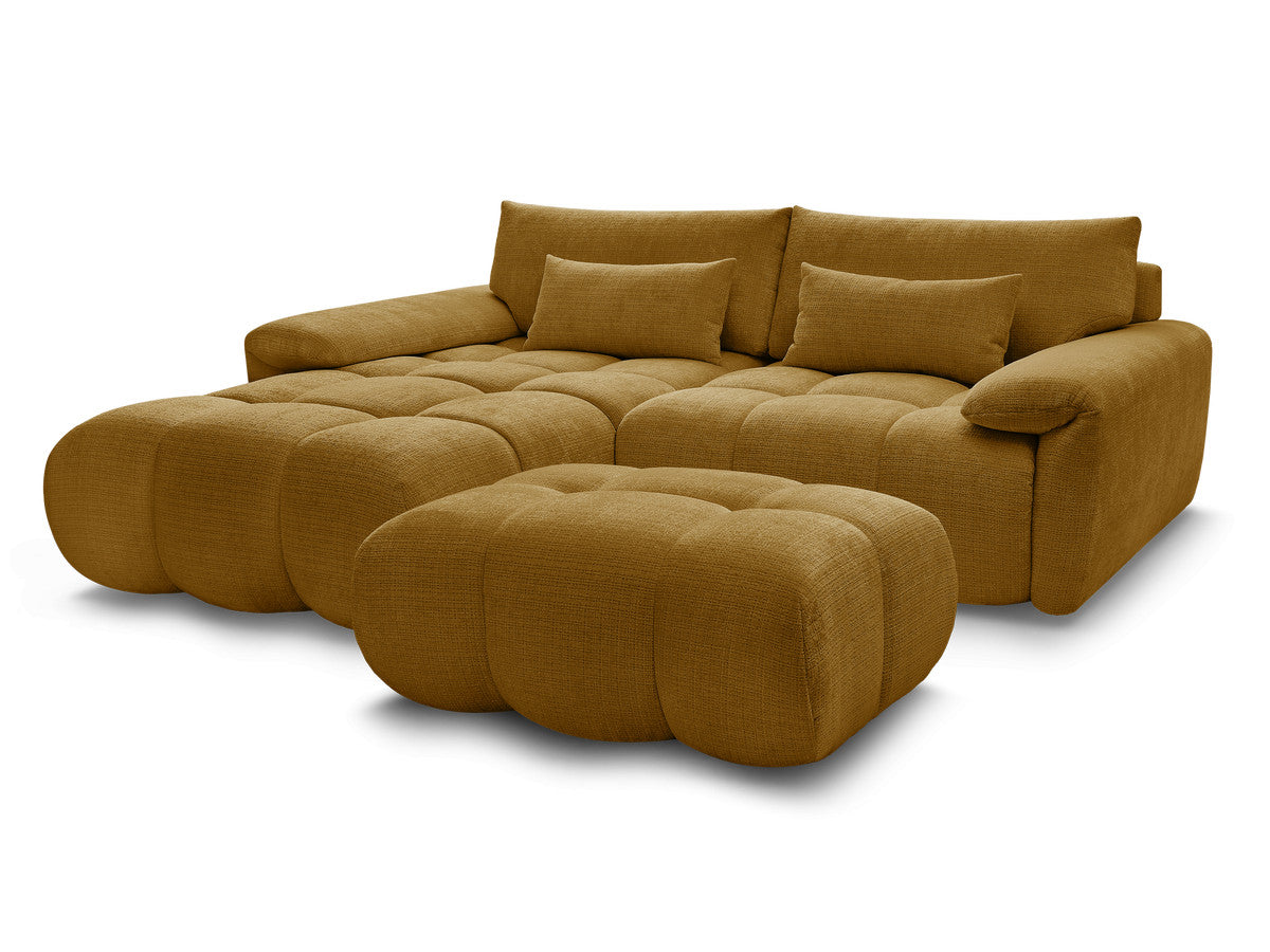 Canapé d'angle fixe IVANE avec dossier avance-recule en tissu texturé et son pouf