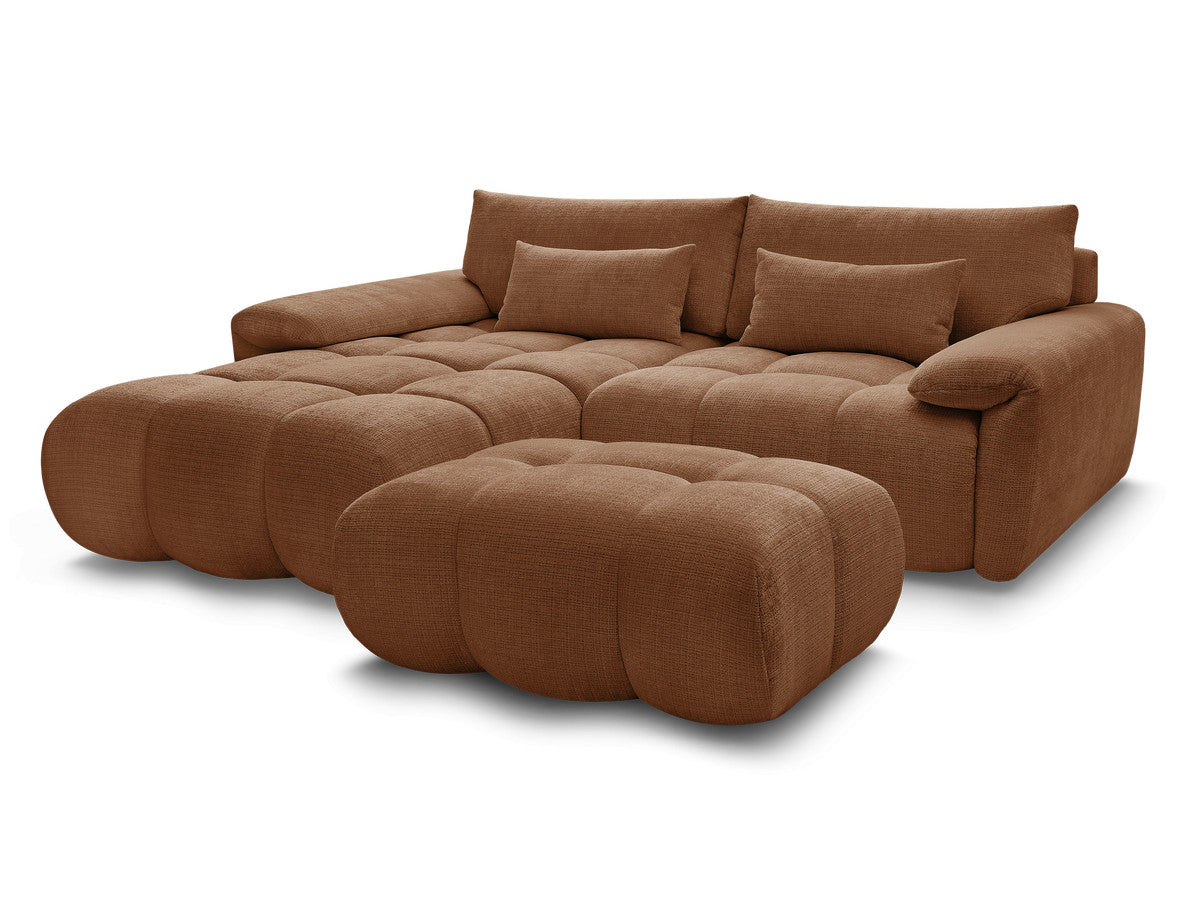 Canapé d'angle fixe IVANE avec dossier avance-recule en tissu texturé et son pouf
