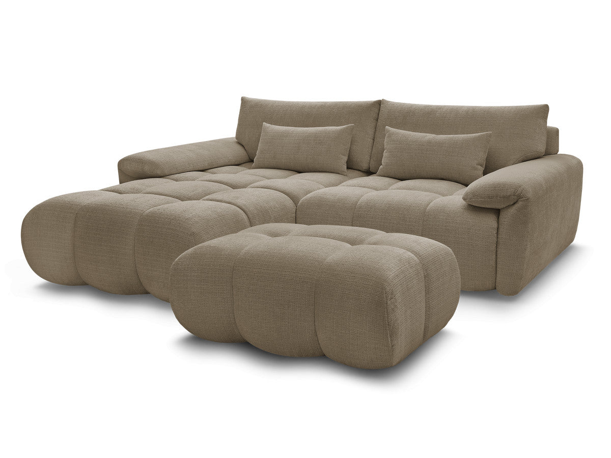 Canapé d'angle fixe IVANE avec dossier avance-recule en tissu texturé et son pouf