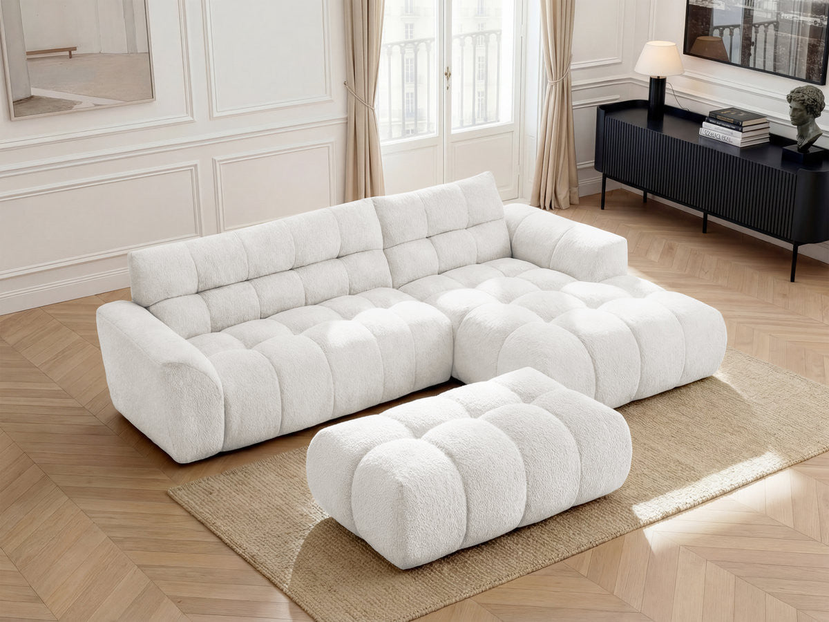 Canapé d'angle fixe JAYA tissu chenille avec pouf