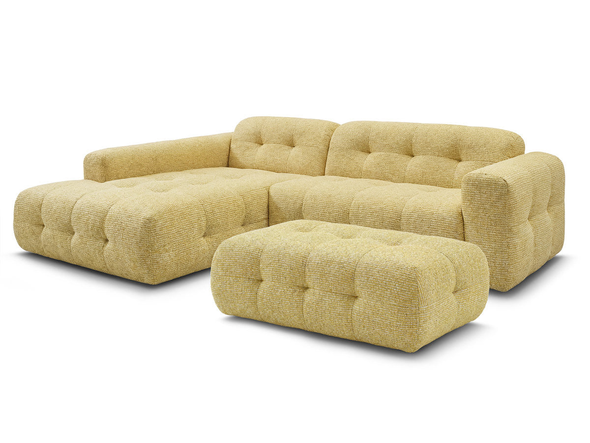 Canapé d'angle fixe LAURA tissu chiné avec grand pouf