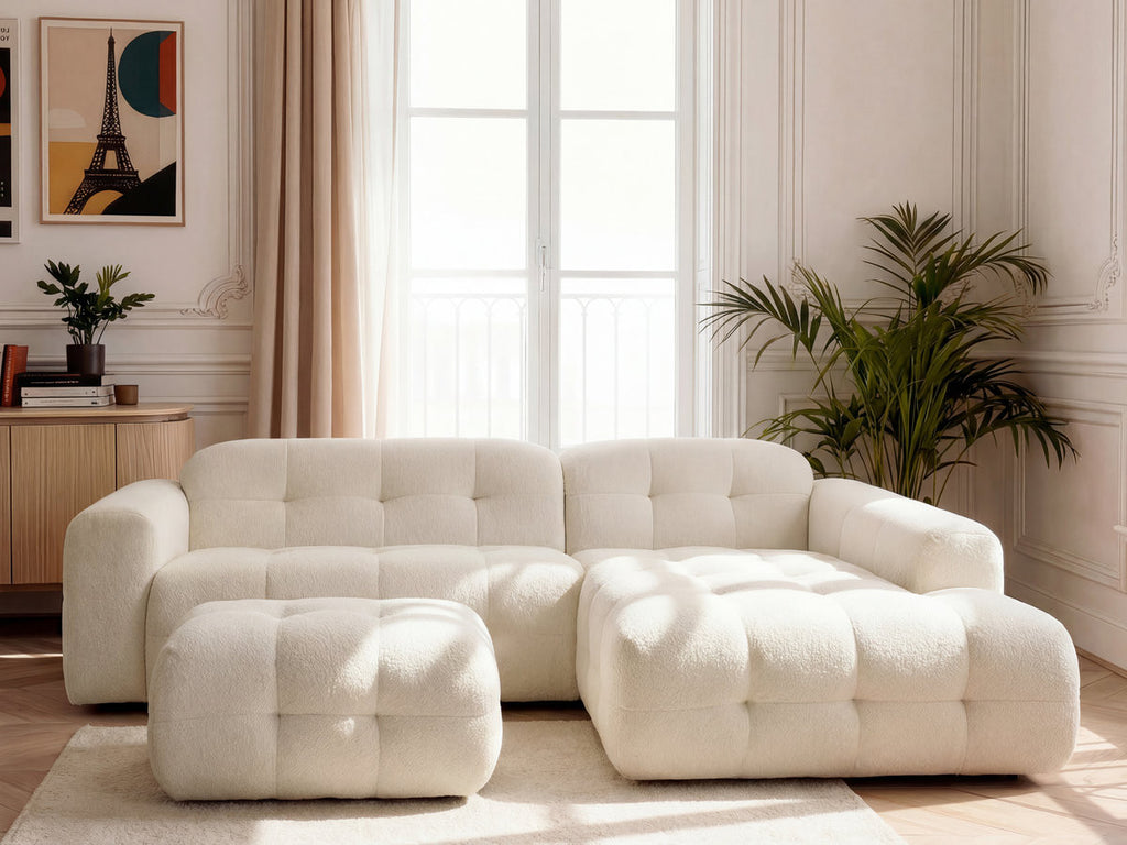 Canapé d'angle fixe LAURA tissu chiné avec grand pouf