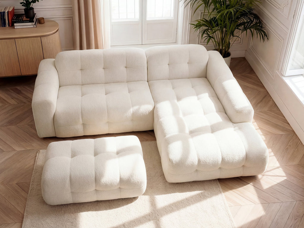 Canapé d'angle fixe LAURA tissu chiné avec grand pouf