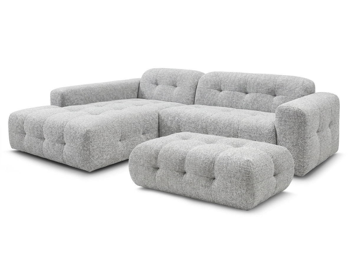 Canapé d'angle fixe LAURA tissu chiné avec grand pouf