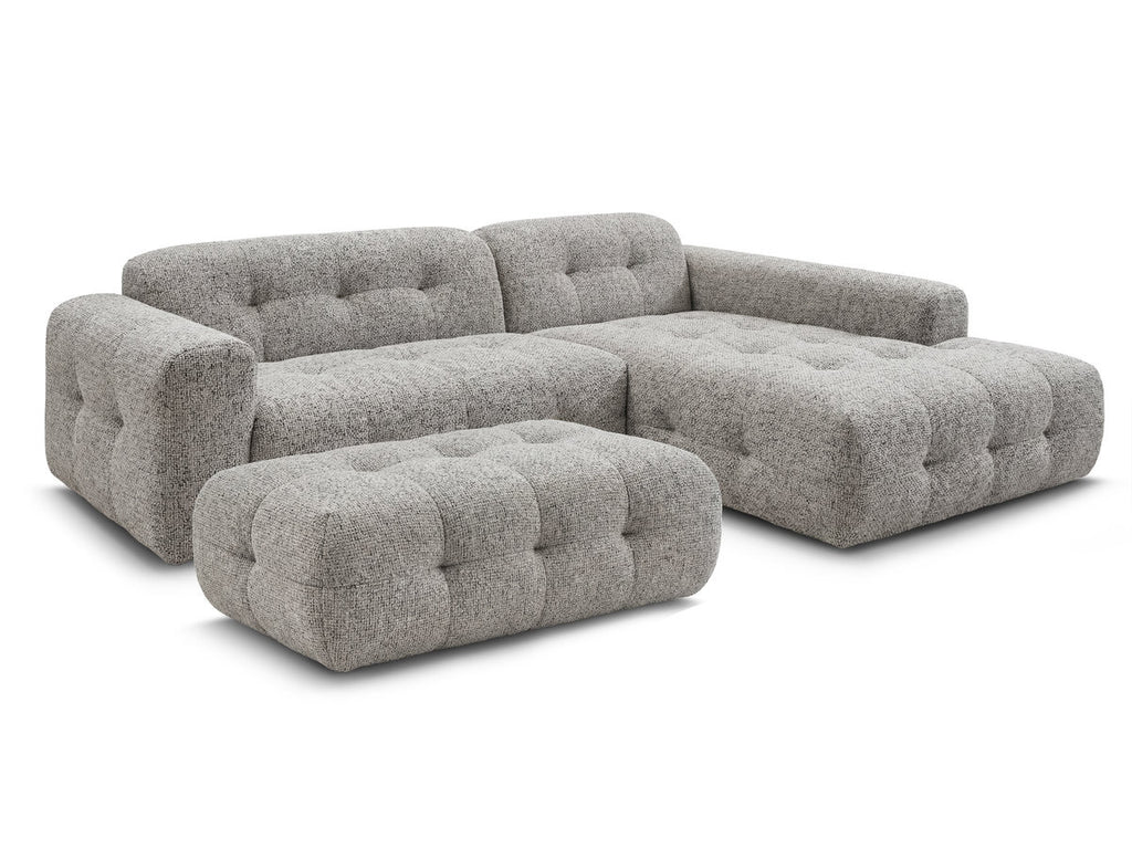 Canapé d'angle fixe LAURA tissu chiné avec grand pouf