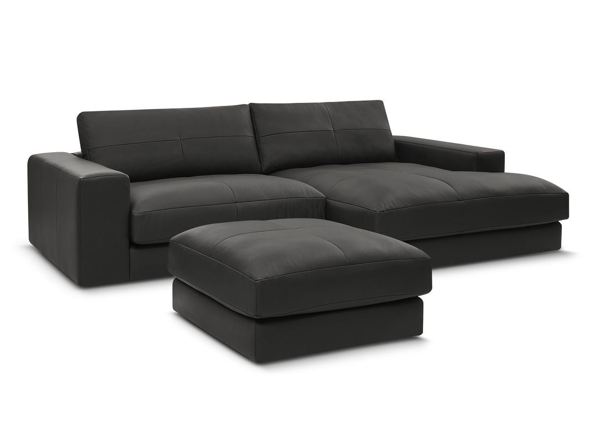 Canapé d'angle fixe LEONARD cuir de vache avec pouf