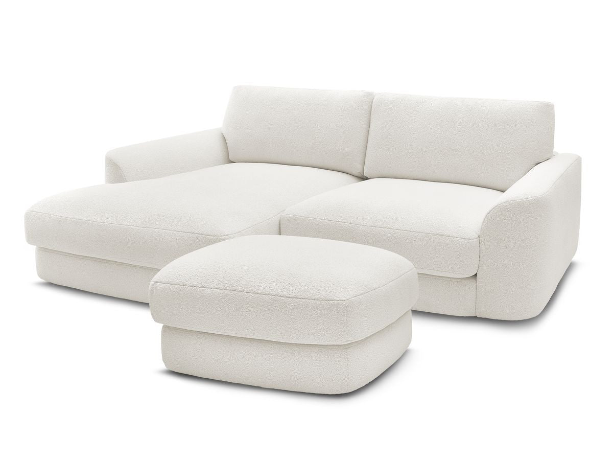 Canapé d'angle fixe LEONORE tissu bouclette avec pouf