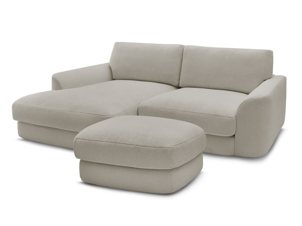 Canapé d'angle fixe LEONORE tissu bouclette avec pouf