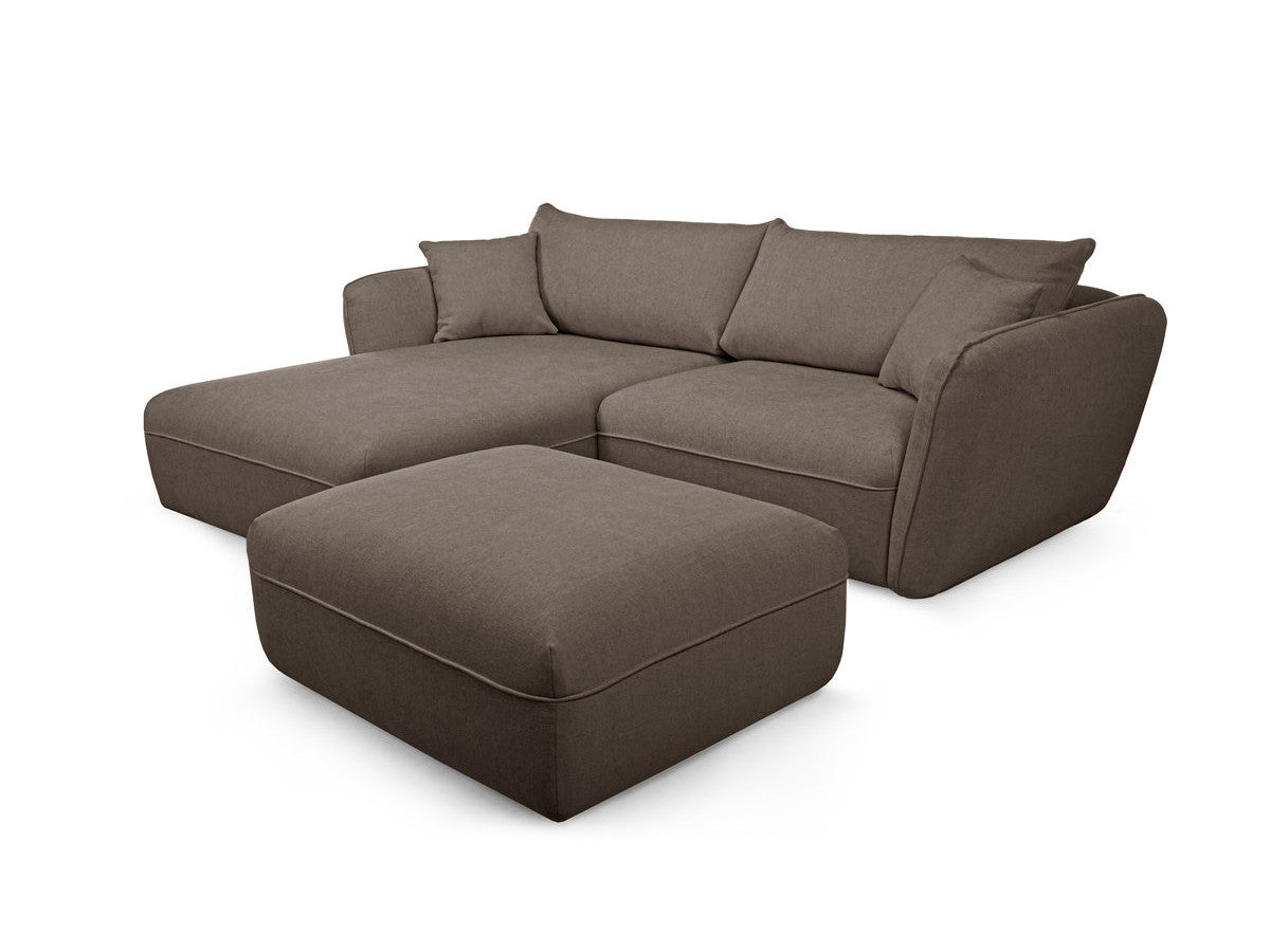 Canapé d'angle fixe LUIGI tissu lisse avec pouf