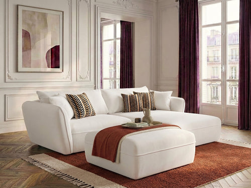 Canapé d'angle fixe LUIGI tissu lisse avec pouf
