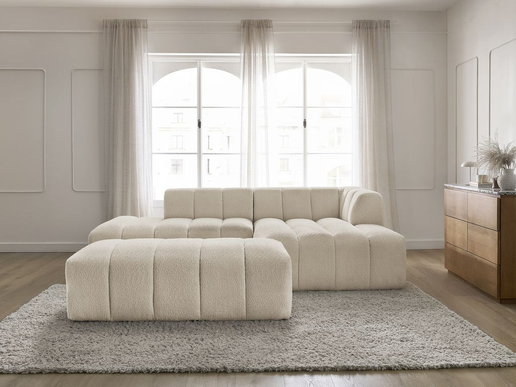 Canapé d'angle fixe modulable ANNECY tissu bouclette avec pouf