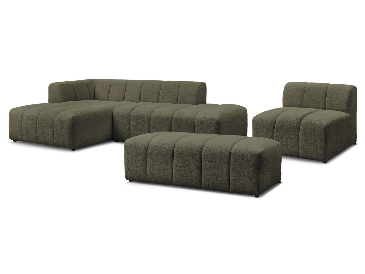 Canapé d'angle fixe modulable ANNECY tissu bouclette avec 1 chauffeuse 1 place et 1 pouf