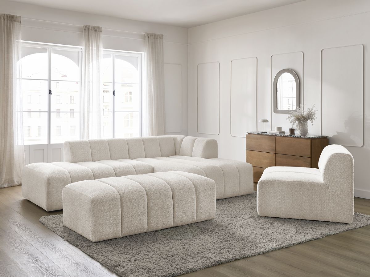 Canapé d'angle fixe modulable ANNECY tissu bouclette avec 1 chauffeuse 1 place et 1 pouf