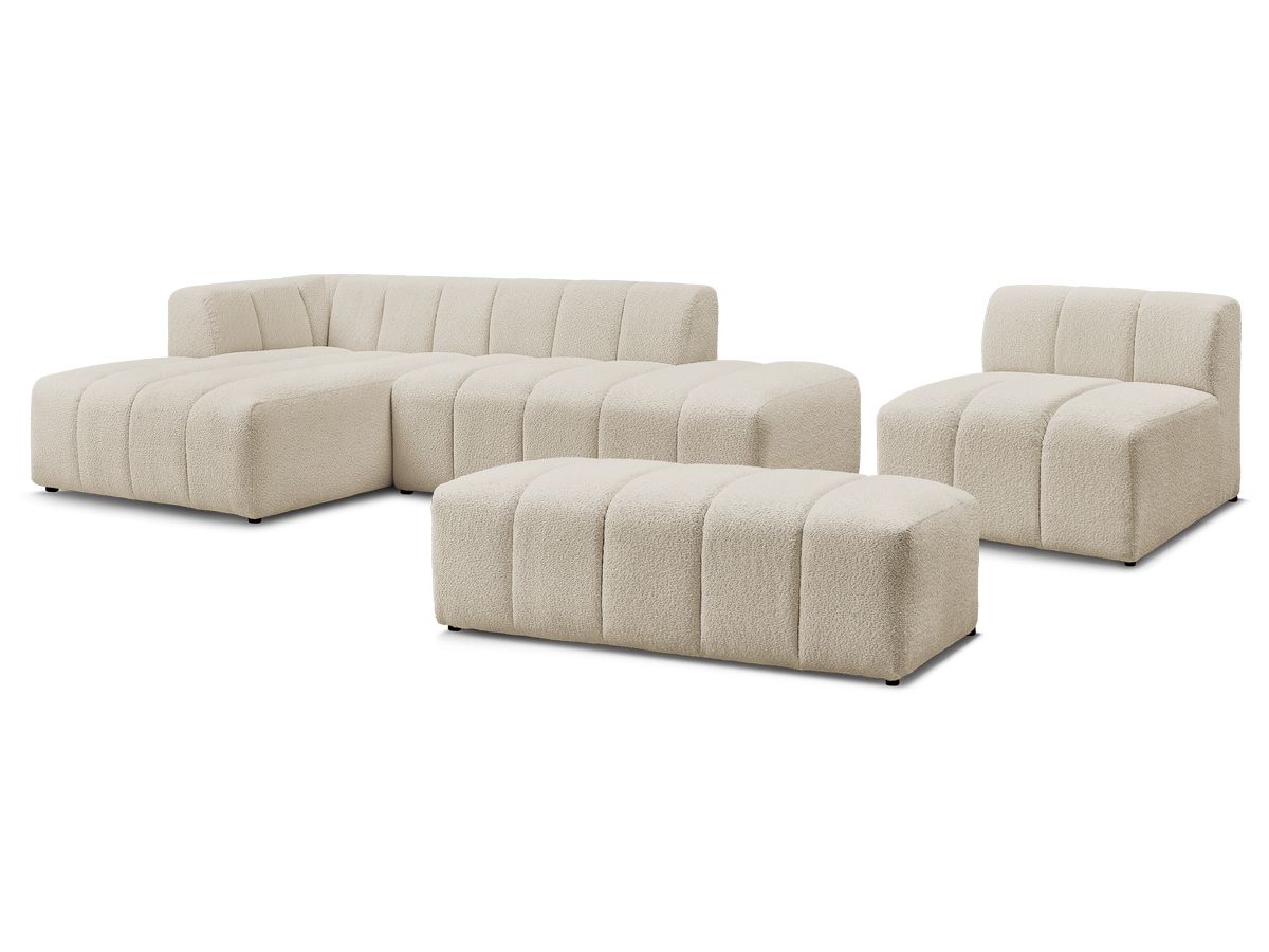Canapé d'angle fixe modulable ANNECY tissu bouclette avec 1 chauffeuse 1 place et 1 pouf