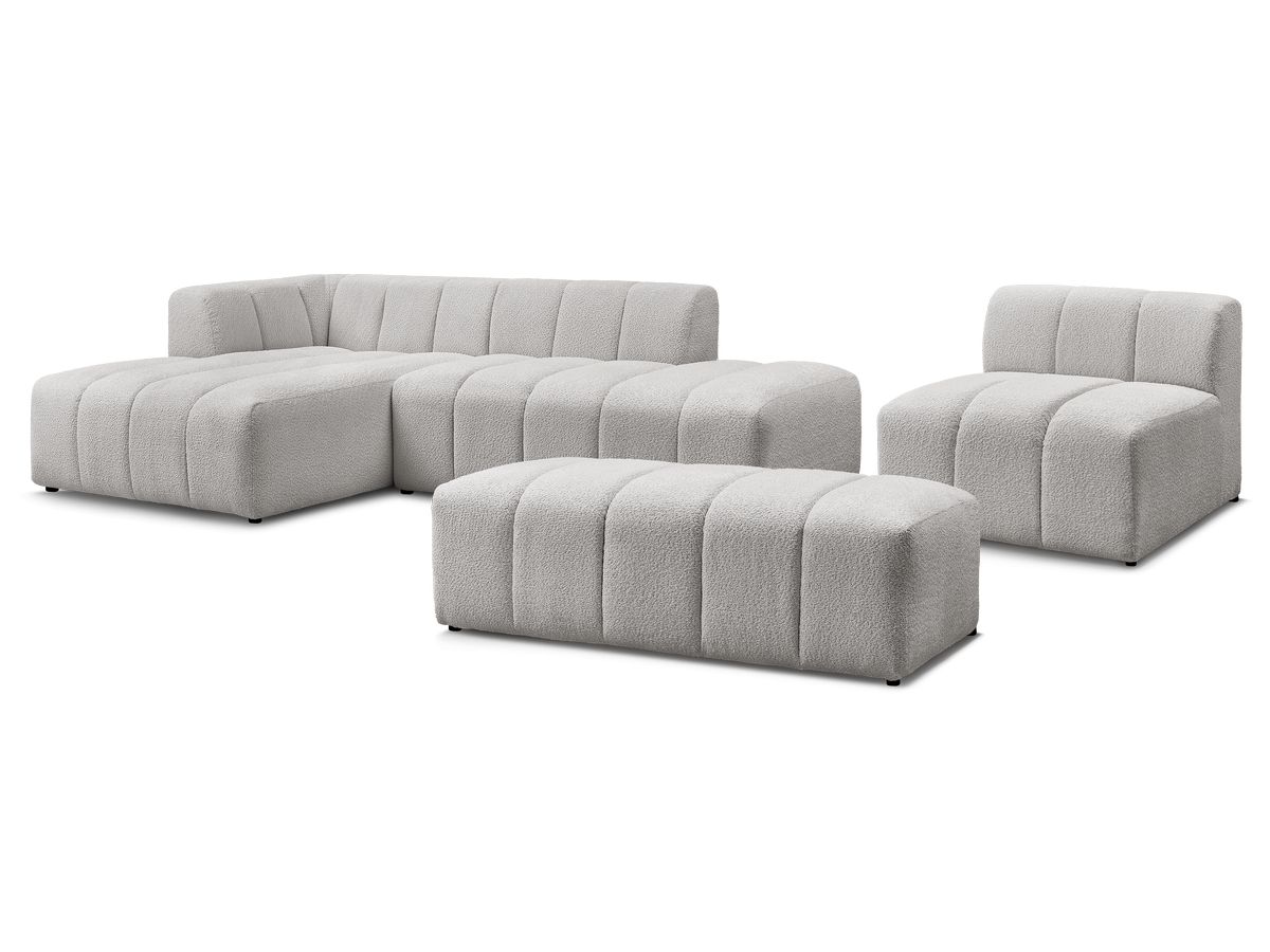 Canapé d'angle fixe modulable ANNECY tissu bouclette avec 1 chauffeuse 1 place et 1 pouf