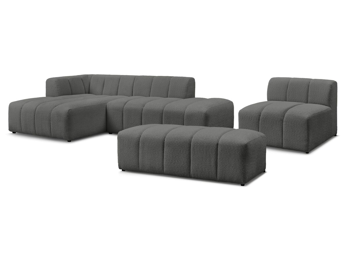 Canapé d'angle fixe modulable ANNECY tissu bouclette avec 1 chauffeuse 1 place et 1 pouf