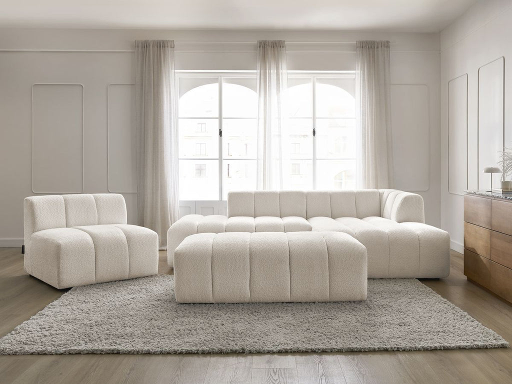 Canapé d'angle fixe modulable ANNECY tissu bouclette avec 1 chauffeuse 1 place et 1 pouf