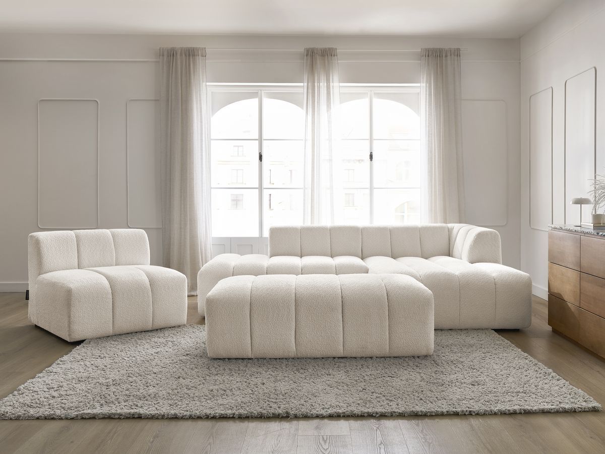 Canapé d'angle fixe modulable ANNECY tissu bouclette avec 1 chauffeuse 1 place et 1 pouf
