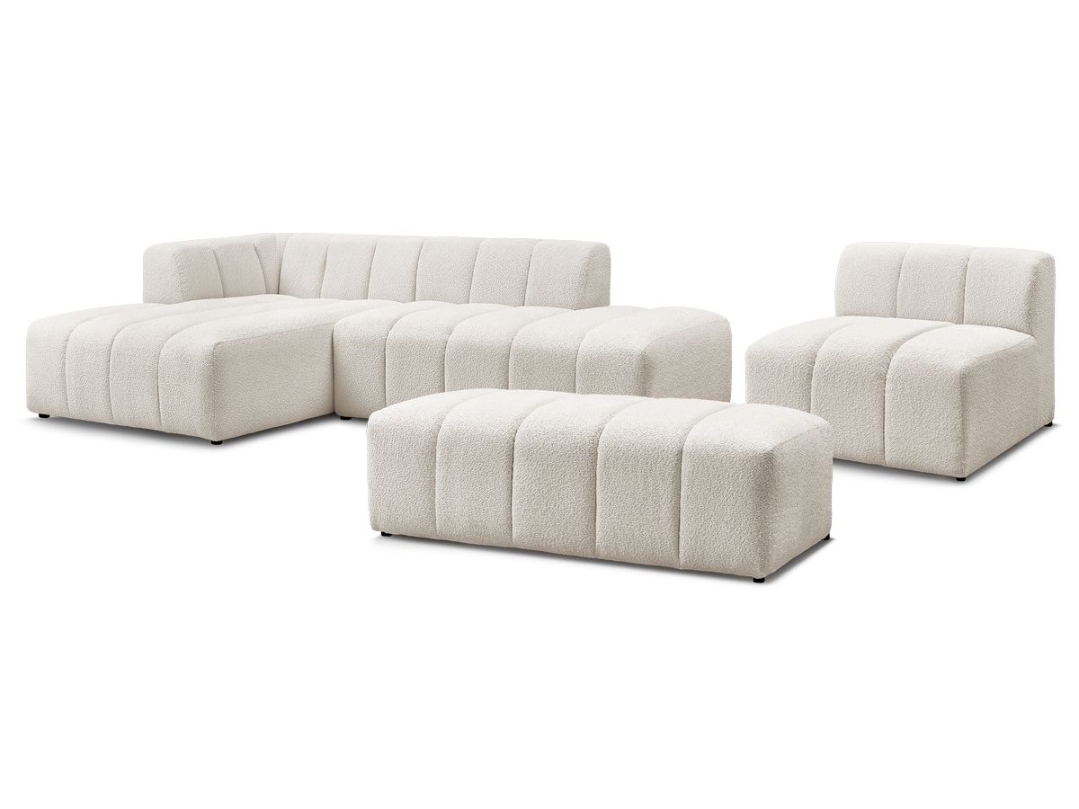 Canapé d'angle fixe modulable ANNECY tissu bouclette avec 1 chauffeuse 1 place et 1 pouf