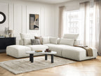 Canapé d'angle fixe modulable avec têtières JANA tissu chiné avec 2 chauffeuses, 1 angle et 2 poufs