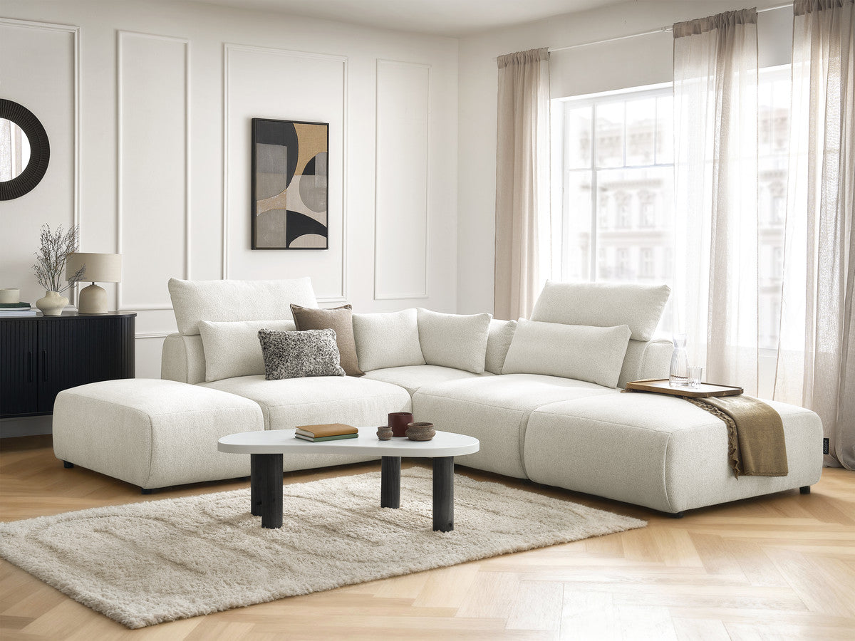 Canapé d'angle fixe modulable avec têtières JANA tissu chiné avec 2 chauffeuses, 1 angle et 2 poufs