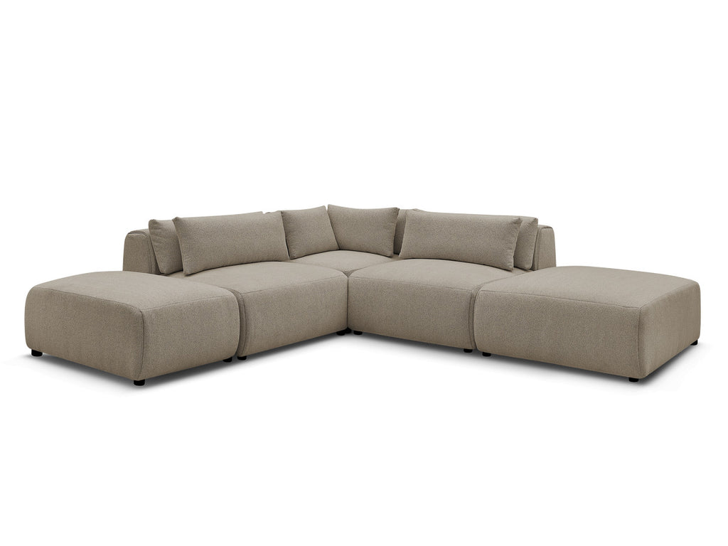 Canapé d'angle fixe modulable avec têtières JANA tissu chiné avec 2 chauffeuses, 1 angle et 2 poufs